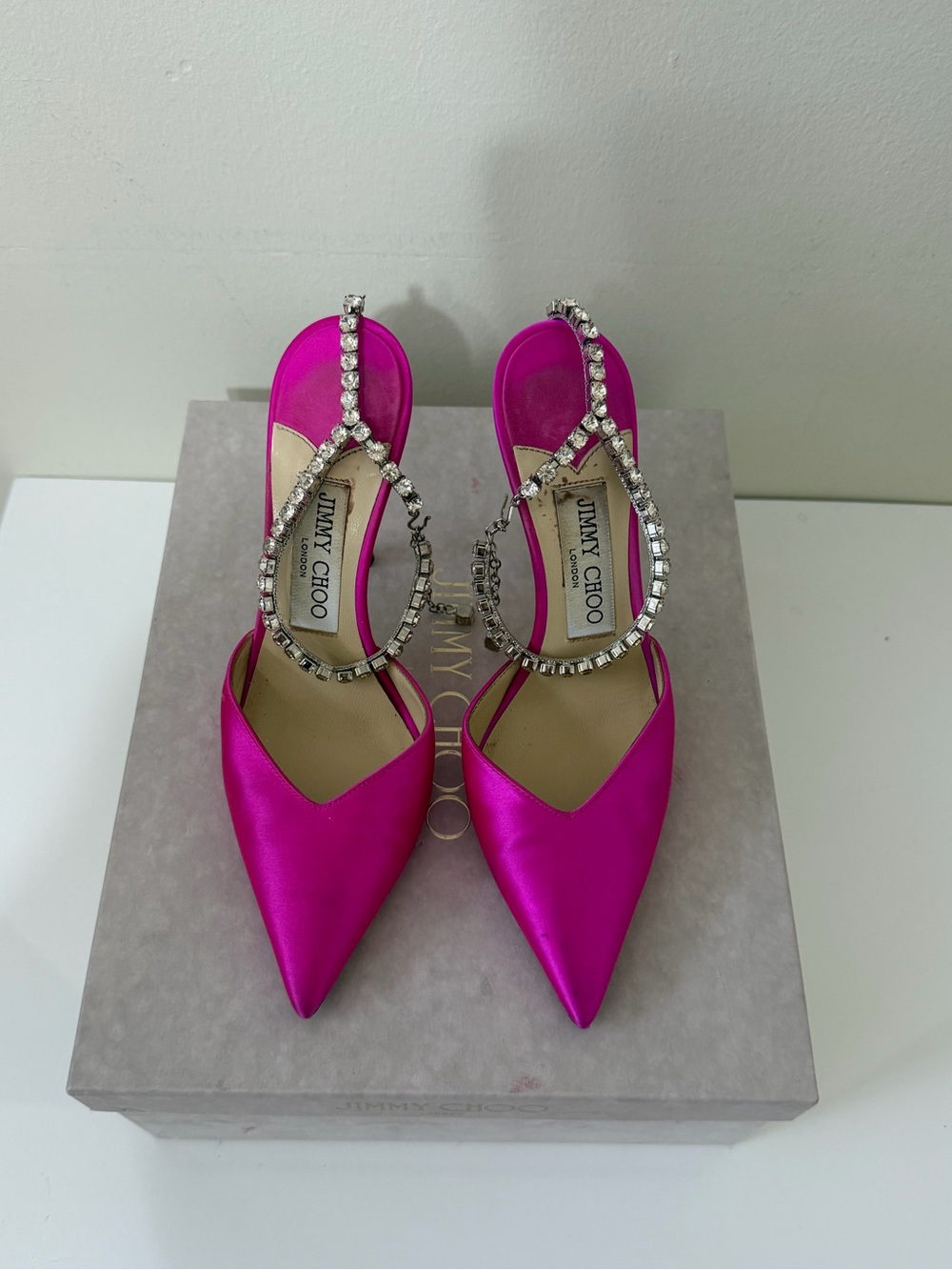 Jimmy Choo Fuchsia Pink Satin Pointed Toe Slingback Heels with Crystal Straps